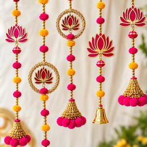 Guirnalda Decorativa de Loto Rosa y Amarillo Bandhanwar para Puerta, Decoración Festiva para Pared, Hecha a Mano con Cuentas, para Diwali, Decoración del Hogar y Mandir - Product Image 4