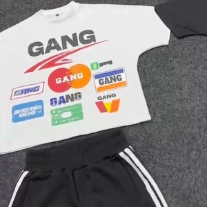 Custom Logo High Quality Polyester Solid Woven Oversized Summer Men's T-Shirt and <b>Trousers</b> Set <b>Elastic</b> Waist Two-Piece - Product Image 2