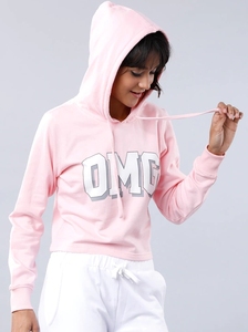 Sweat-shirt à capuche rose pour femme, coupe courte, imprimé lettres, décontracté, pour l'automne, 100 % coton tricoté, respirant, manches longues - Product Image 5