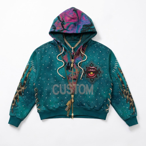 Sweat à capuche zippé double couche 600 GSM avec graphique personnalisé en strass, coupe courte et ample, style streetwear clouté pour homme, mode Y2K, fournisseur - Product Image 4