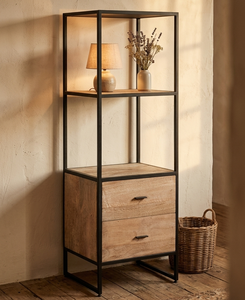 Kyu Modern Living Room High Quality <b>Solid</b> <b>Wood</b> 2-Drawer Storage Unit Minimalist Bookshelf with Black Frame - Product Image 2