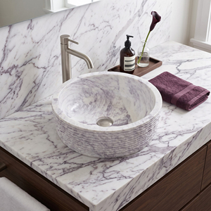 Modern <b>Round</b> Marble Vessel <b>Sink</b> with Drainer Countertop Mounted <b>Bathroom</b> Vanity Basin - Product Image 4