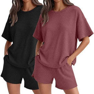 <b>Women</b> <b>2</b> <b>Piece</b> Knitted Shorts Set O-Neck Short Sleeve Solid Color Loose Fit Casual Summer <b>Outfit</b> Breathable Cotton Set - Product Image 2