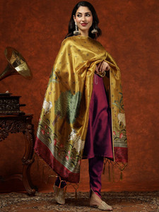 Ensemble Kurti et pantalon en coton pour femme avec dupatta en soie, motif vache et arbre, bordure dorée et rouge, tenue traditionnelle indienne toutes saisons pour Diwali - Product Image 5