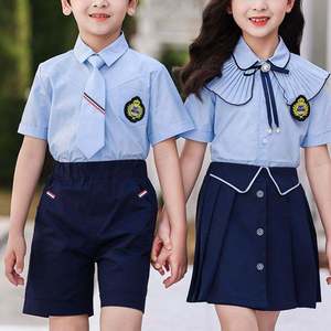 ชุดนักเรียนหญิงแบบสองชิ้น เสื้อสีฟ้าอ่อน กระโปรงสีกรมท่า ผ้าฝ้าย ชุดนักเรียนประถมสำหรับเด็ก - Product Image 4