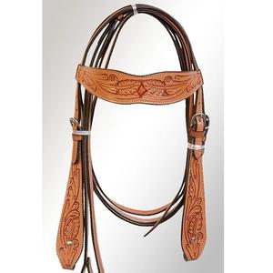Cabezada, pechopetral y riendas de cuero color canela para caballo estilo western, con diseño floral grabado a mano y herrajes de acero inoxidable, fabricante indio. - Product Image 1