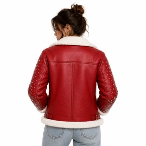 Custom Red Shearling Bomber <b>Jacket</b> with <b>Rhinestone</b> Embellished Sleeves and White Fur Trim Vintage Winter Unisex Front Design - Product Image 4
