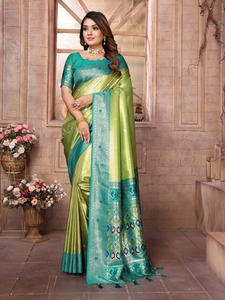 Sari en soie mélangée Banarasi pour femme, tissé Zari, tenue indienne traditionnelle, avec pièce de chemisier, séchage rapide, protection solaire, pour mariage et fête - Product Image 1