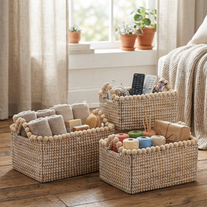 Seagrass <b>Basket</b> with Wooden Bead Handles, <b>Rectangular</b> Organizer with White Plastic Strings - Product Image 3