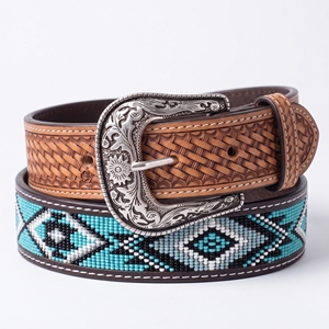 Ceinture de cowboy vintage en cuir véritable sur mesure OEM, faite à la main, avec tressage en corbeille, perles turquoise et boucle en acier gravée - Product Image 3