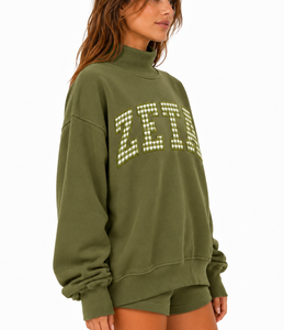 Custom <b>Women</b>’s Cotton <b>Fleece</b> Mock Neck Sweatshirt <b>Navy</b> Gingham Letter Applique Oversized Winter Casual Streetwear Pullover - Product Image 5
