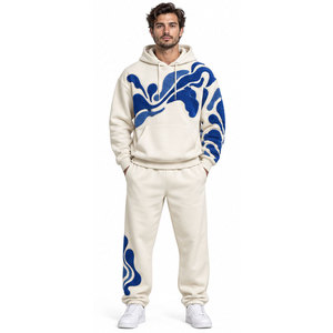 Conjunto Deportivo con Capucha Color Crema para Hombre, con Estampado de Olas Azules, Sudadera Casual de Manga Larga y Pantalones, Ropa de Invierno - Product Image 1