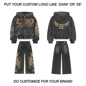 Ensemble de survêtement ZAINI pour homme, respirant, en molleton 100 % coton brossé 350 GSM, noir anthracite, avec logo personnalisé et broderie en relief - Product Image 1