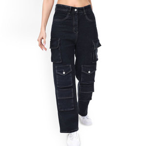 High Waist Dark Wash Cargo <b>Pants</b> Women's Casual Full Length Loose Fit Denim Jeans With Multiple Pockets Button Fly - Product Image 1