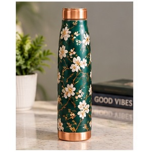 Dark Blue Golden Flower Leaf Pattern Copper <b>Thermos</b> Portable Drinkware for Travel - Product Image 2