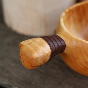 Handmade Wooden Coffee Bowl Kuksa Cup Traditional <b>Leather</b> On Handle Design Scandinavian Drinking Mug Natural Wood Tableware - Product Image 3