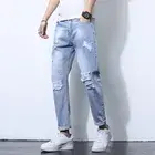 Jeans de Mezclilla para Hombre, Corte Recto, Desgastados, Lavado a la Piedra, Cintura Media, Casuales, de Algodón, Azules, para Primavera - Product Image 5