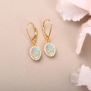 925 Sterling <b>Silver</b> Opal Halo Leverback Earrings 14K Gold Plated Trendy Unisex Oval Dangle Christian for Wedding Party - Product Image 2