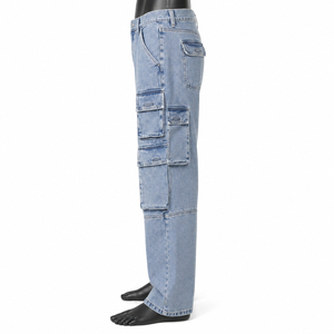 Jeans cargo en denim bleu clair légers et décontractés, sur mesure, de haute qualité, multi-poches, style streetwear pour hommes - Product Image 3