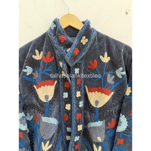 Indian Suzani <b>Velvet</b> Jacket Floral Embroidered <b>Velvet</b> Blouson <b>Women</b> Mandarin Collar Full Sleeve <b>Coat</b> Handmade Embroidery Design - Product Image 2