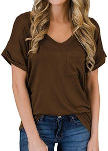 T-shirt d'été décontracté pour femme avec poches, couleur macaron, style urbain, manches courtes, col en V, coupe ajustée - Product Image 2