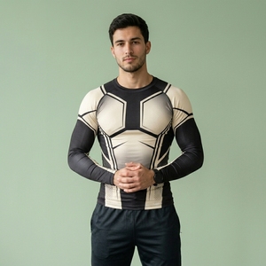 Custom Men Long Sleeve Compression Shirt O-Neck Quick Dry Fitted Sporty Jersey Knitted Polyester Front <b>Logo</b> - Product Image 4