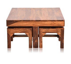 Table basse en bois massif artisanale |   Table basse en bois gain de place avec 4 tabourets |   Ensemble de table basse 5 pièces - Product Image 5