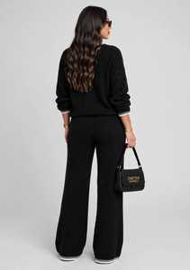 Ensemble de survêtement en tricot noir pour femmes, col en V, haut à manches longues, pantalon large, tenue décontractée - Product Image 4
