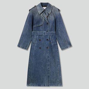 Gabardina Larga de Mezclilla Azul para Mujer, Chaqueta Cruzada con Cuello de Solapa y Cinturón - Product Image 1
