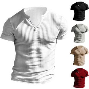 เสื้อยืดเฮนลีย์คอกลมทรงเข้ารูปสำหรับผู้ชาย ผ้าฝ้าย 100% ลำลอง ใส่สบายสำหรับฤดูร้อน แขนสั้น สีพื้น - Product Image 1