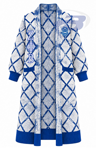 Cárdigan Largo de Punto Acrílico Azul y Blanco para Mujer, de la Hermandad Zeta Phi Beta, con Cuello Mao y Frente Abierto, Suéter de Invierno para Mujer - Product Image 1
