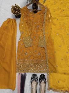 Ensemble VISHNU K DESIGNS TOP PLAZZO DUPATTA en soie pure Fandy avec broderie Zari à sequins 5 mm, style vintage toutes saisons - Product Image 6