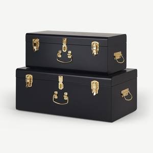 Juego de baúles de almacenamiento de metal negro mate con herrajes dorados y tapa con cerradura para espacios modernos - Product Image 1