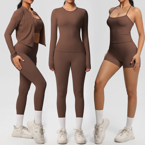 Women 8 Piece Custom <b>Yoga</b> Gym Sets with Long Sleeve <b>Jacket</b> Sports Bra Shorts Tops Stretch Fitness Leggings Ladies Wear Wholesale - Product Image 6