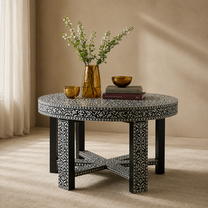 Handmade Solid Wood Round Bone Inlay Industrial Coffee Table & <b>Sideboard</b> Carved Floral Design for Living/Dining Room Furniture - Product Image 1
