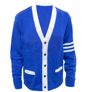 <b>Men's</b> Blue Acrylic Knitted <b>Cardigan</b> White Trim And Buttons Full Sleeve <b>Men's</b> and Women's Sweater Lightweight Regular School Fit - Product Image 1