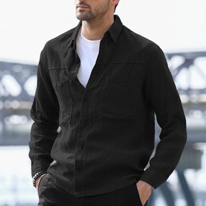 Men's Casual Cotton <b>Linen</b> Shirt Long Sleeves Double Pocket Solid Loose Fit <b>Yarn</b> Dyed Anti-Wrinkle OEM Service Available - Product Image 5