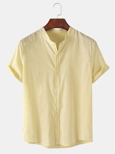 Men Solid Color Poplin Polyester <b>Button</b> up Shirt Short Sleeve Mandarin Collar Casual Summer Top - Product Image 2