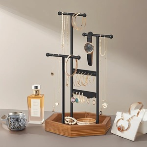 Wood Jewelry Organizer Stand with Necklace Hooks Earring Display Bracelet Tray for Jewelry Storage - Product Image 3