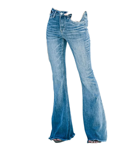 Jean évasé taille haute pour femme en denim bleu clair délavé, style vintage décontracté, longueur intégrale, en coton déchiré, style automne - Product Image 3