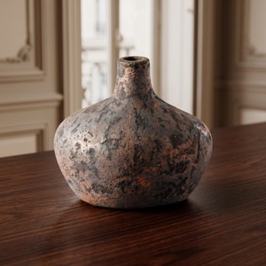 Antique Rustic Bulbous <b>Ceramic</b> <b>Vase</b> Vintage Distressed Dark Brown Clay Pottery Jar Pots for Modern Tabletop Home Decoration - Product Image 3