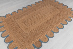 Coastal Braided Jute Area <b>Rug</b> Rectangle Scalloped Edge Non-Slip <b>Flat</b> Weave Hallway <b>Rug</b> Natural Blue Trim - Product Image 4