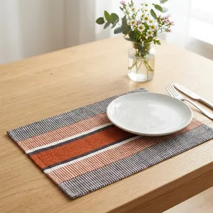 HILTEX PM-134 Handcrafted Sustainable Washable 3mm Thick Customizable Cotton Coastal <b>Rectangle</b> <b>Placemat</b> Striped Woven Home - Product Image 3