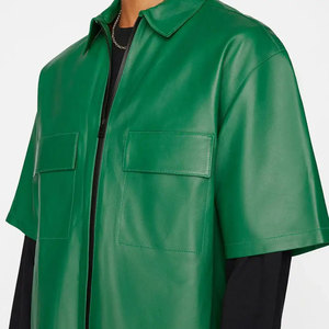 Chemise en cuir décontractée pour homme, personnalisée, de haute qualité, respirante, tricotée, coupe régulière, manches courtes, sans col, style streetwear hivernal - Product Image 4