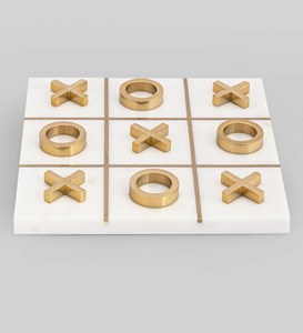 Juego de Tic Tac Toe de Lujo en Mármol Blanco con Piezas de Latón Dorado Cepillado (X y O) - Tablero de Mesa Clásico Moderno Decorativo - Product Image 3
