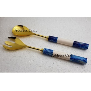 Ensemble de cuillères à salade modernes plaquées or avec manche en résine de bois, ensemble de cuillères à salade en acier inoxydable 18/8, ustensiles de cuisine, couverts - Product Image 2