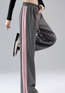 Pantalon de survêtement gris à jambes larges Hardhoodi Interation avec bandes latérales roses, taille élastique, style sportif, pour toutes les saisons - Product Image 3