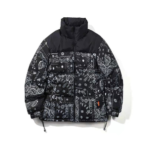 Chaqueta Acolchada Negra para Hombre con Estampado de Parches, Cuello Alto, Cierre de Cremallera, Cortavientos, Estilo Urbano de Invierno, Ajuste Holgado, Relleno de Poliéster - Product Image 1