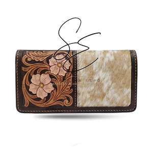 SEHRAINN <b>Tooled</b> <b>Leather</b> HairOn Hide Clutch Floral Embossed Long Wallet Boho Chic Cash Holder Card Slots Open Closure Slim Wallet - Product Image 2
