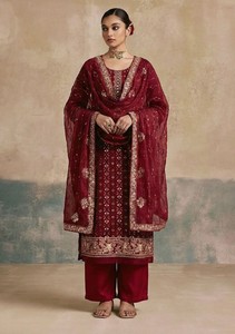 Embroidered Salwar Kameez Multi Thread <b>Sequins</b> Work Khatli Neckline Modern Georgette Santoon <b>Material</b> for Party Wedding Prom - Product Image 4